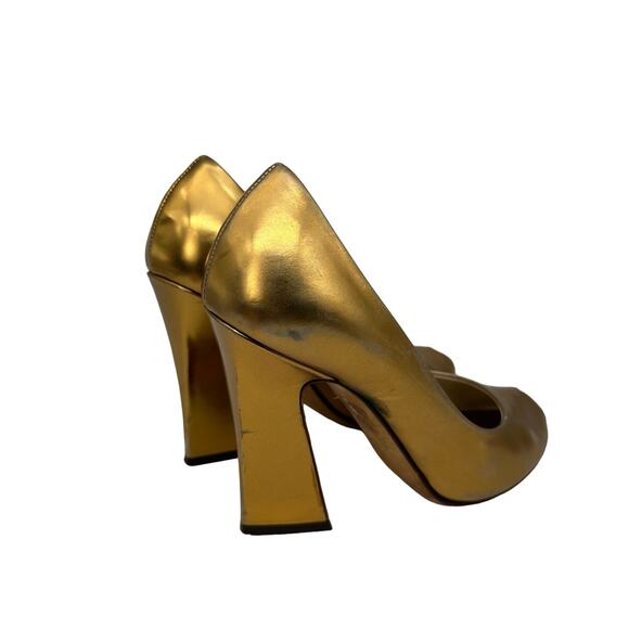 Yves Saint Laurent Metallic Gold Chunky Heel Peep Toe Pumps EUC 37 US 6.5 - Picture 9 of 16